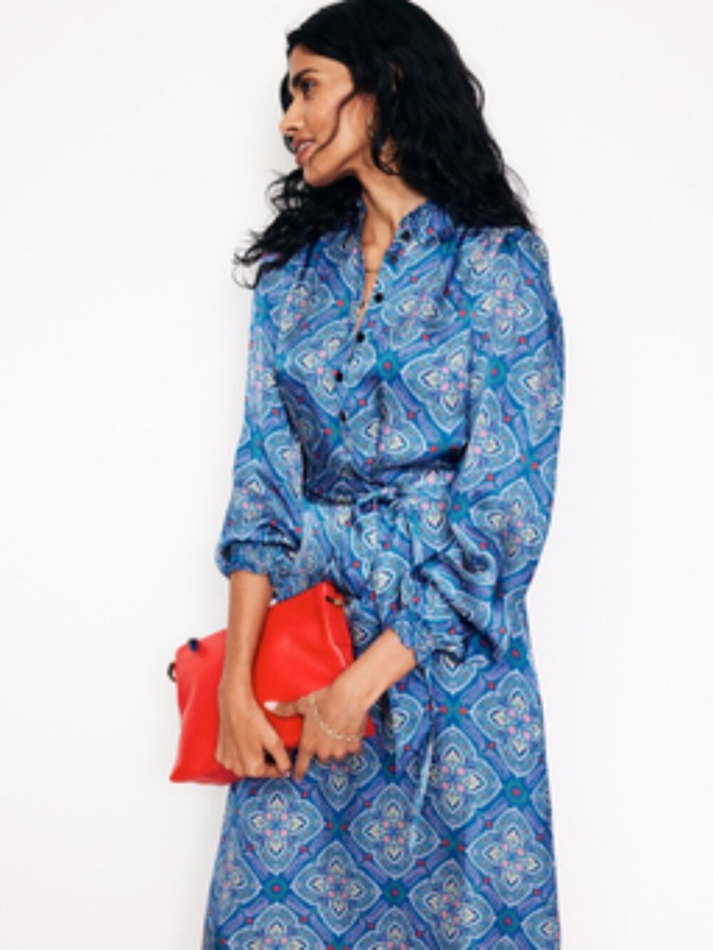 Boden 8P Jasmine Long Sleeve Midi Dress Bright Blue Floral Pattern